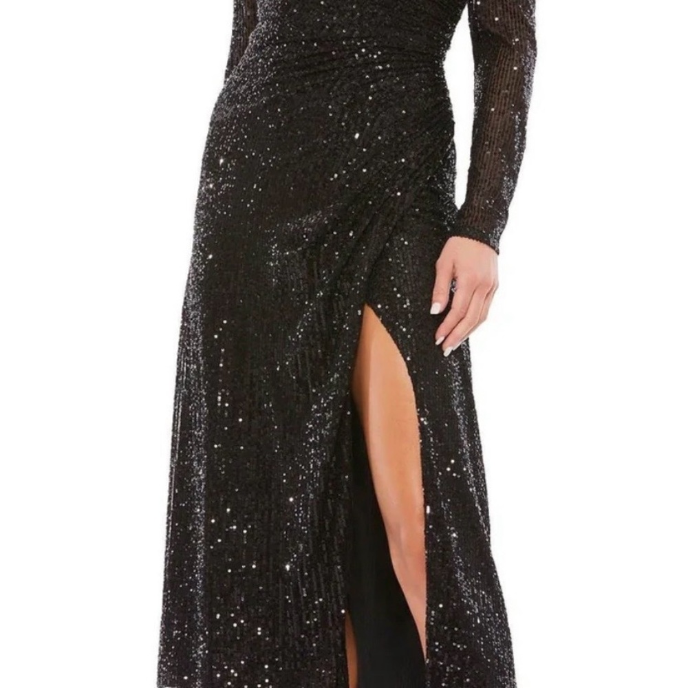 Mac Duggal Black Sequin Long Sleeve Gown with High Slit